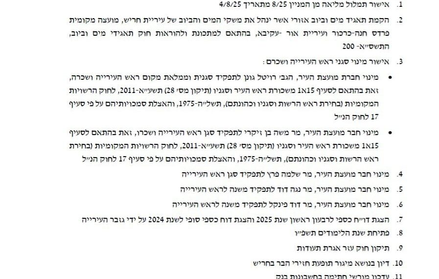 ביום שני: ישיבת מועצה לאישור המינויים החדשים בהנהלת העיר